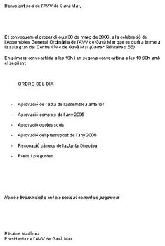 Carta de convocatoria para la Asamblea General Ordinaria de la AVV de Gav&agrave; Mar (30 de Marzo de 2006)
